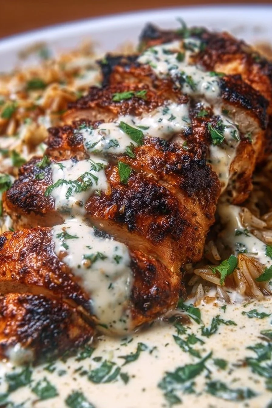 Creamy Cajun chicken served with garlic rice in a bowl