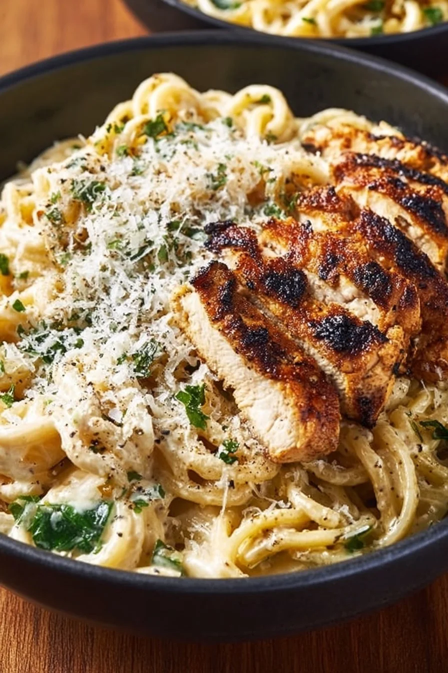 High protein garlic parmesan pasta bowl rich in flavor and nutrition.
