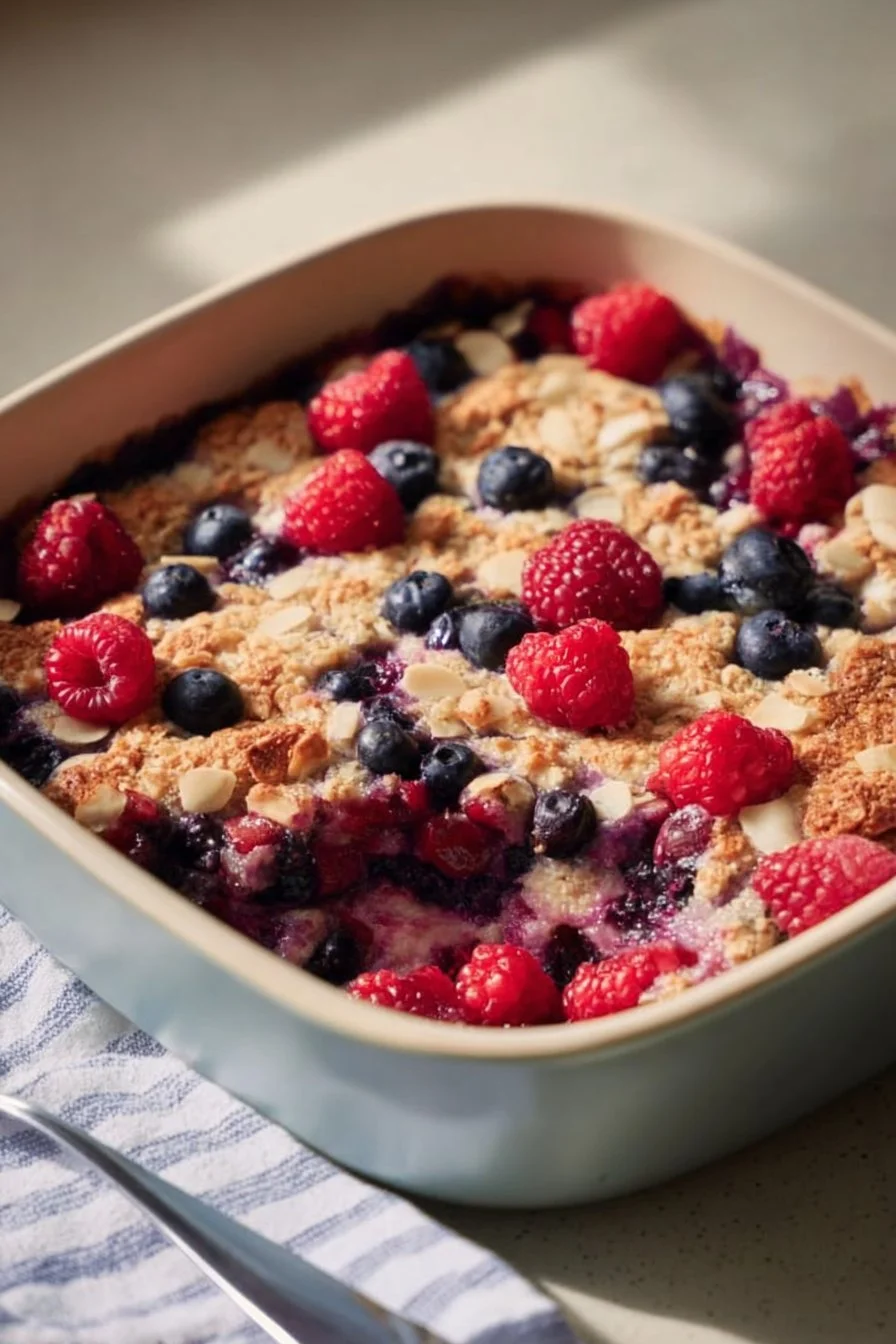 High protein triple berry bake with fresh berries and nutritious ingredients