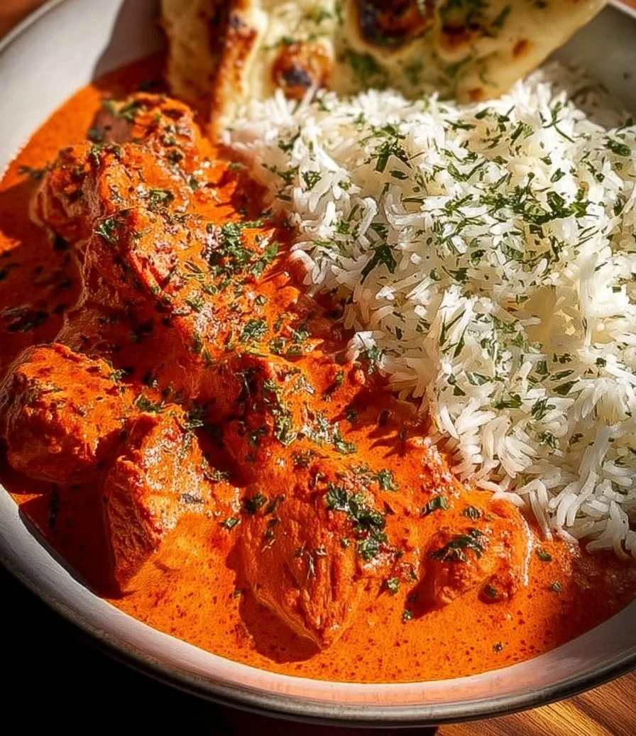 Bowl of homemade butter chicken with rice and herbs