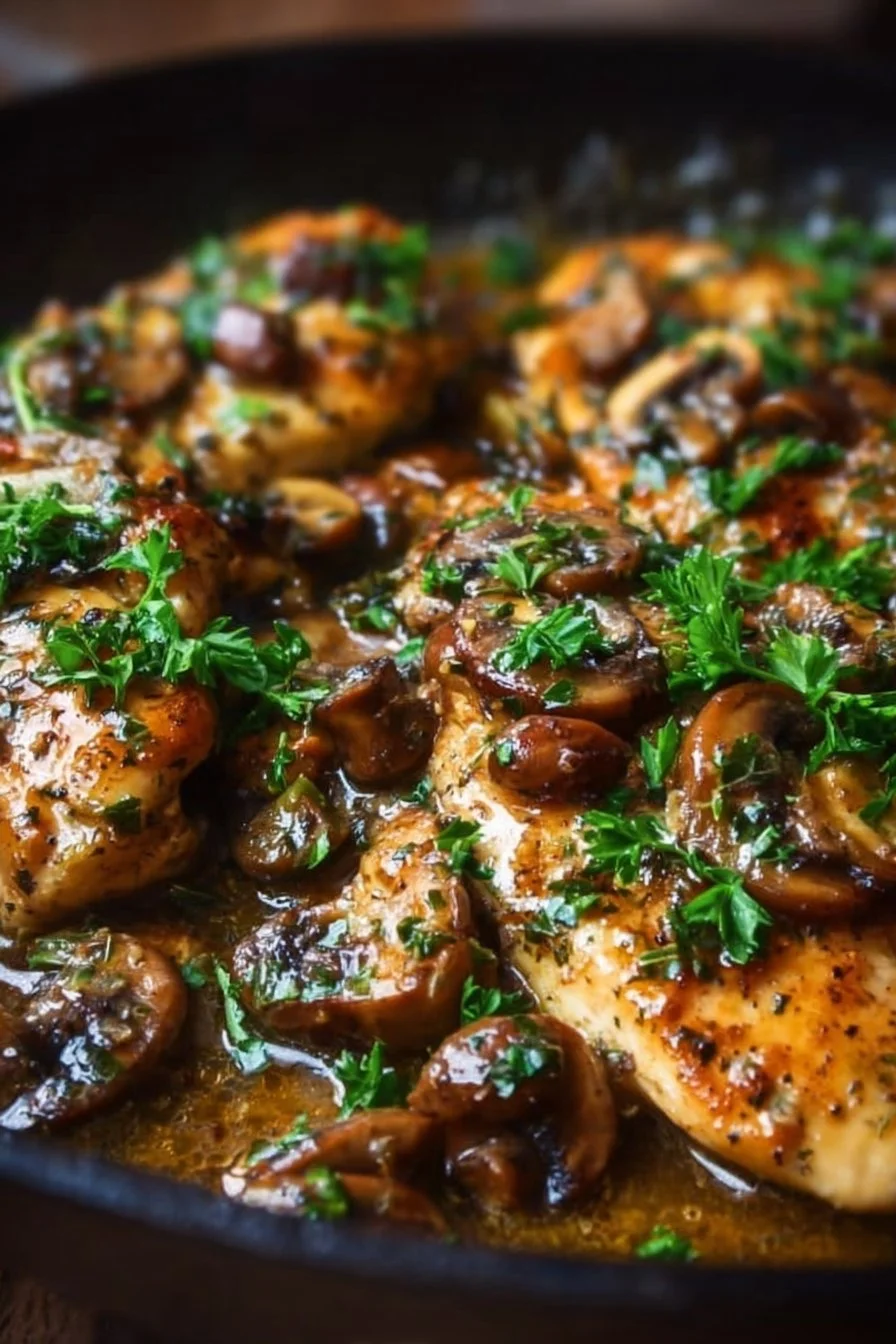 Plate of homemade Chicken Marsala with mushrooms and wine sauce