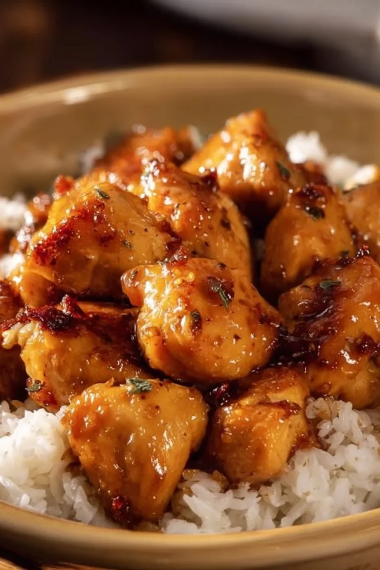 Plate of Honey Garlic Chicken Bites garnished with sesame seeds and green onions