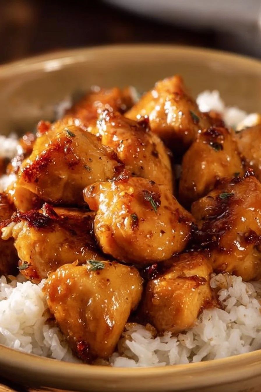 Plate of Honey Garlic Chicken Bites garnished with sesame seeds and green onions