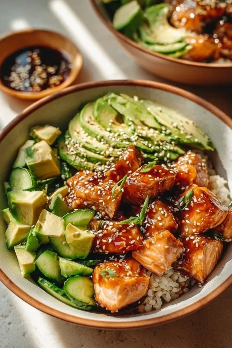 Honey glazed salmon bowl with vibrant vegetables and grains for a healthy dinner.