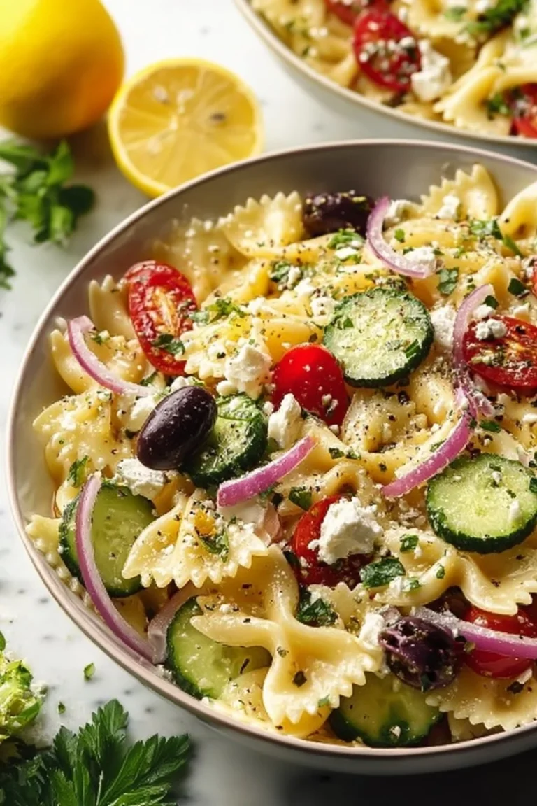 Bowl of irresistible Mediterranean Pasta Salad with fresh vegetables and dressing