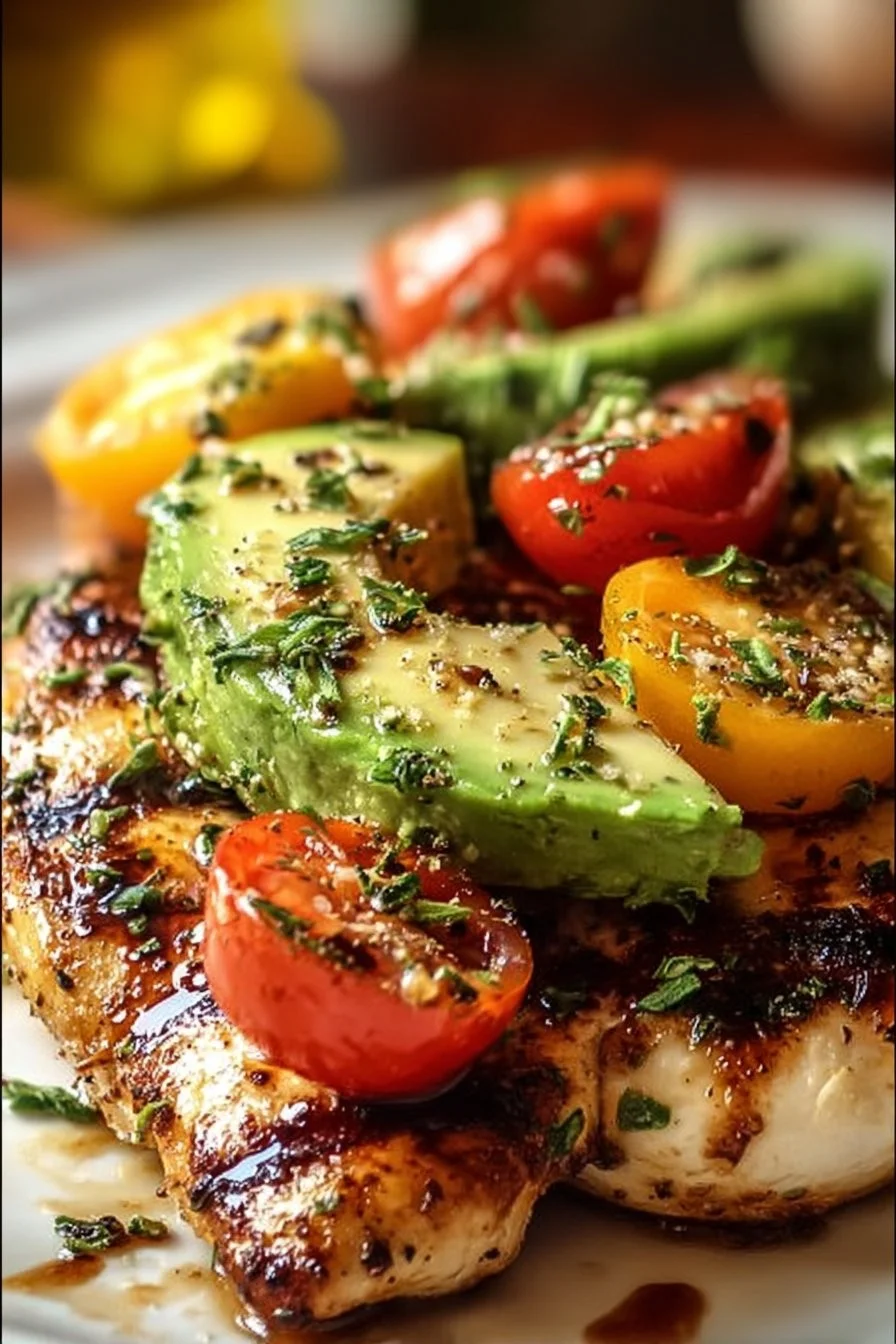 Juicy grilled California avocado chicken served with fresh herbs.