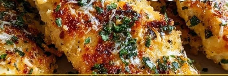 Crispy Keto Parmesan Chicken served with fresh herbs and vegetables