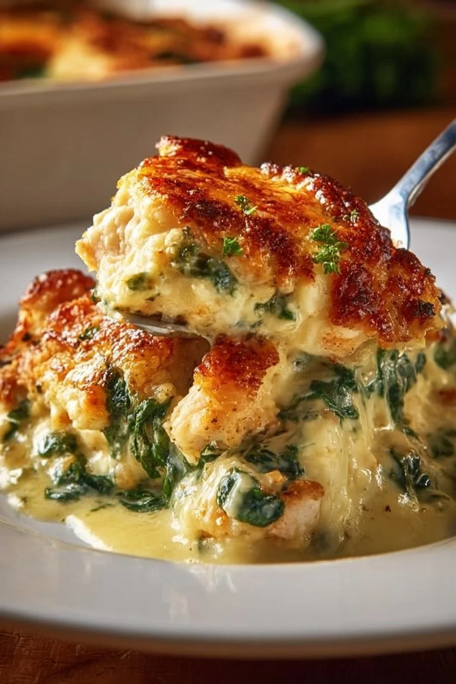 Delicious Keto Spinach Artichoke Chicken served in a bowl.