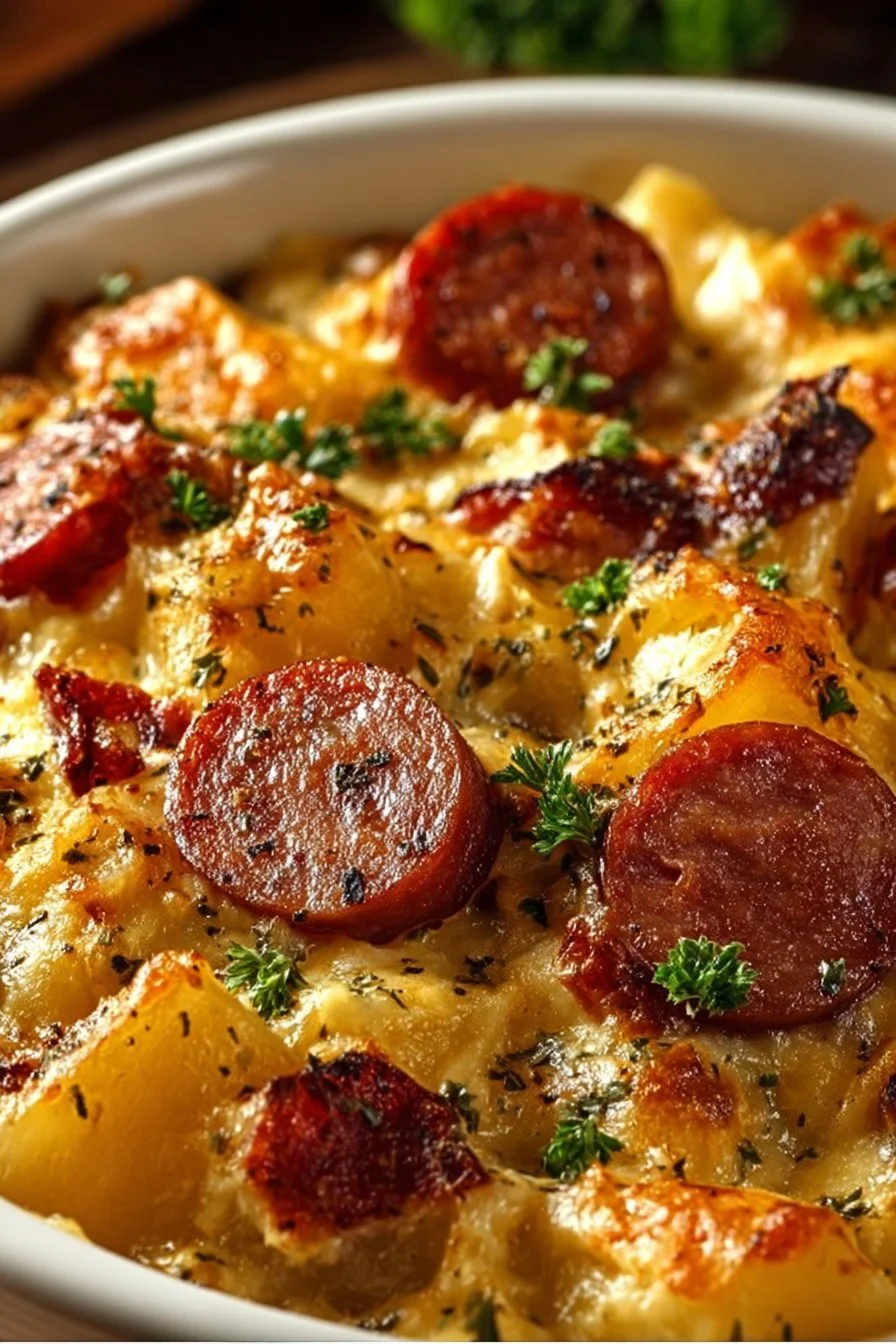 Delicious Kielbasa Sausage Cheesy Potato Casserole dish served in a baking dish