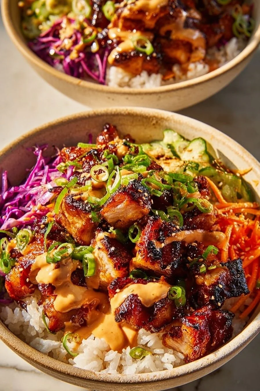 Delicious Korean BBQ Chicken Bowl garnished with fresh vegetables and sesame seeds.