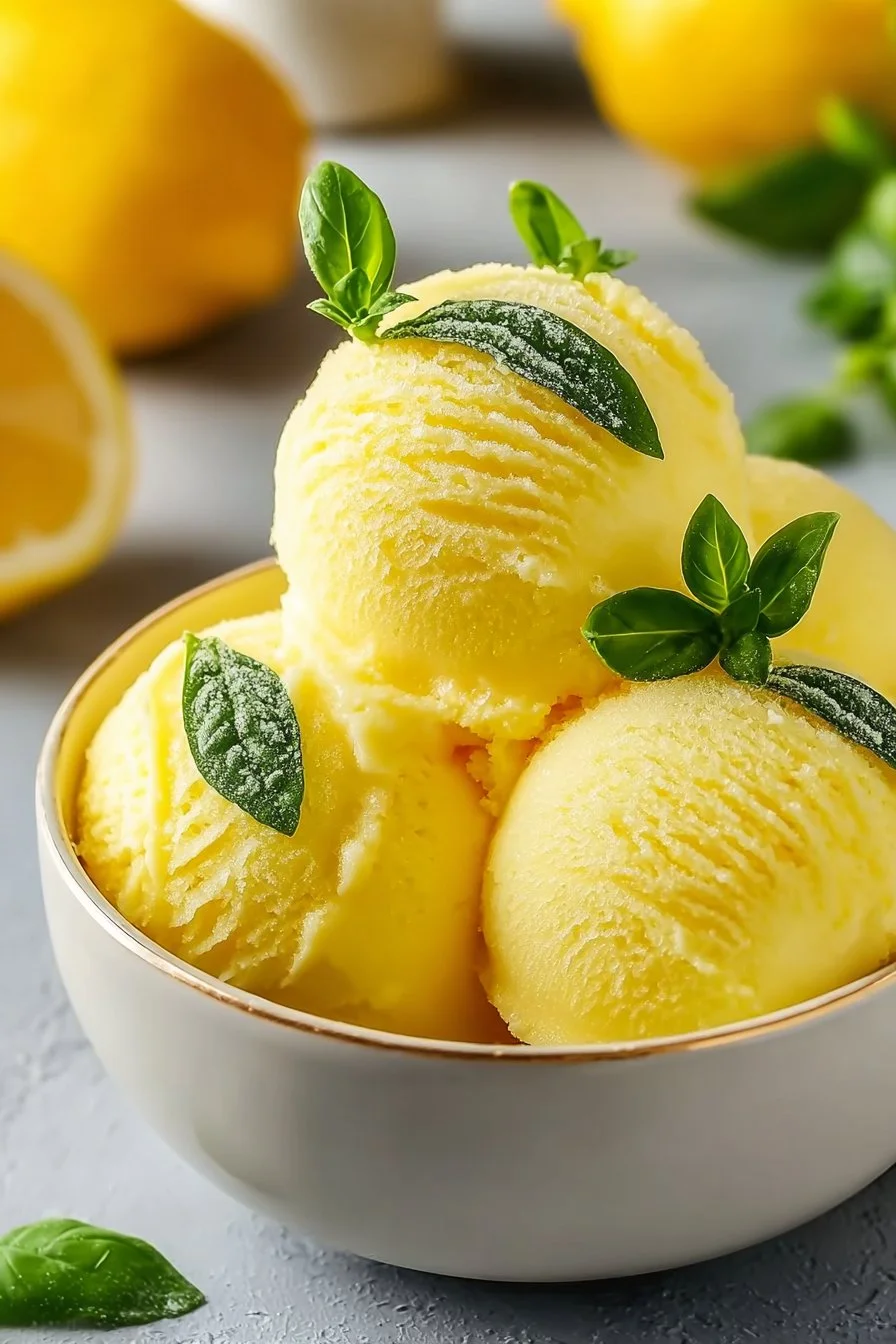 Delicious Lemon Basil Sorbet served in a bowl with fresh basil leaves.