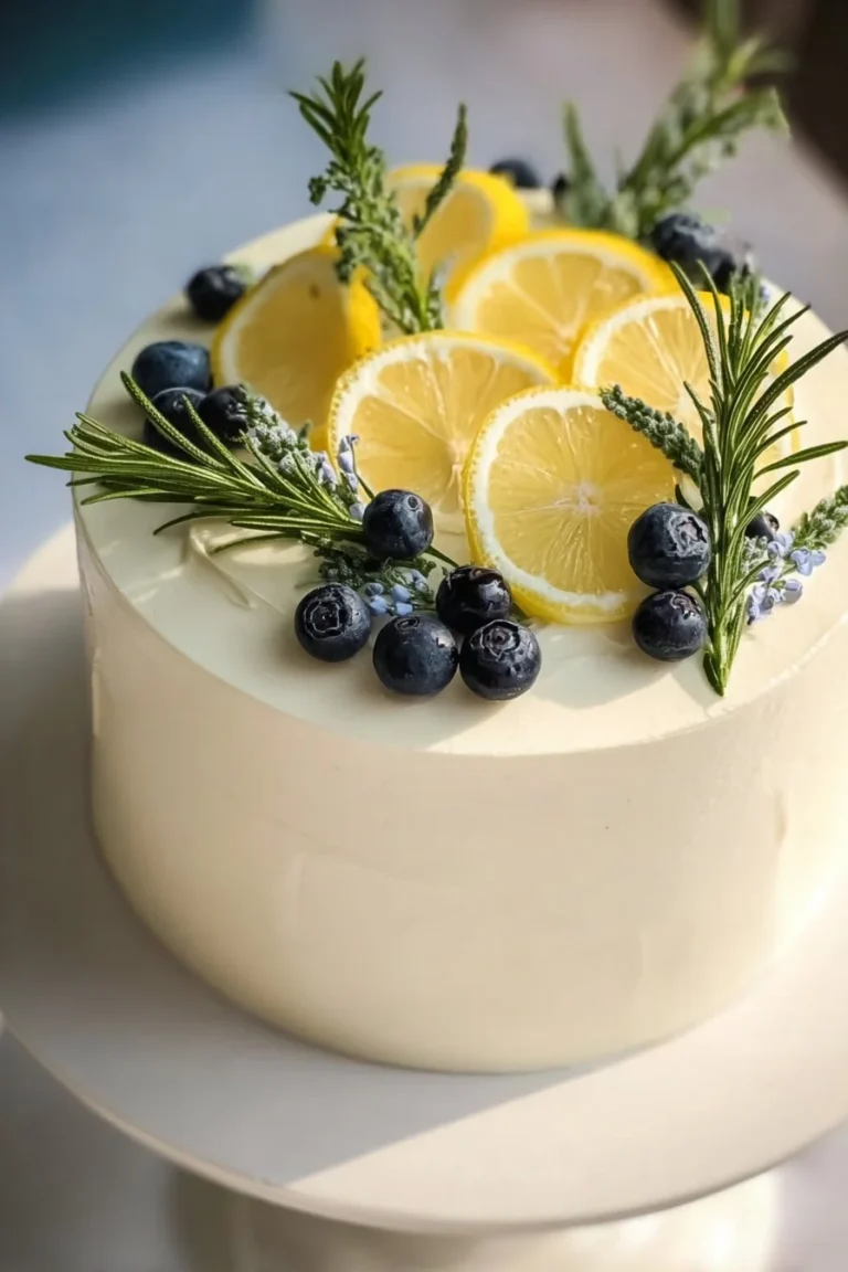 Lemon cake topped with blueberry compote on a white plate.