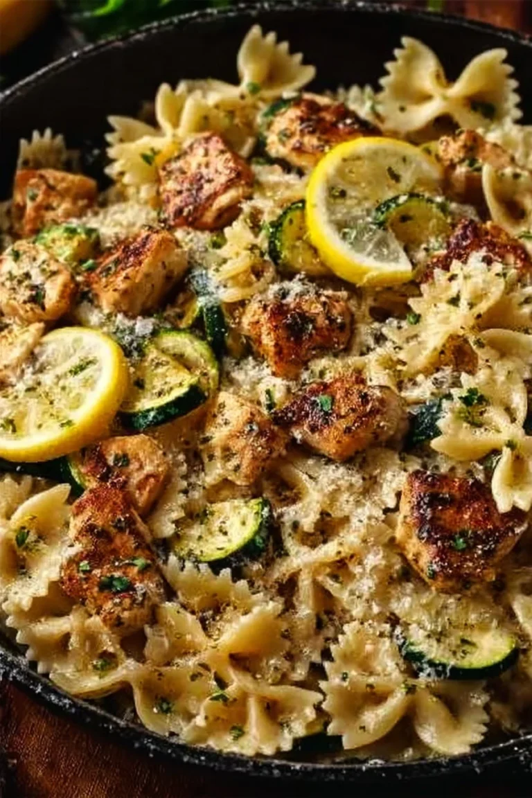 Delicious lemon chicken pasta with herbs and lemon zest served in a bowl.