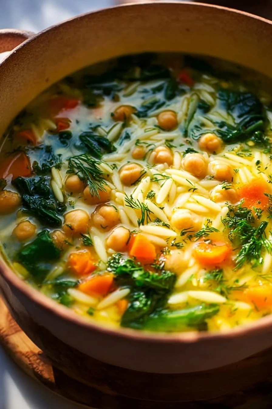 Bowl of Lemon Chickpea Orzo Soup garnished with fresh herbs