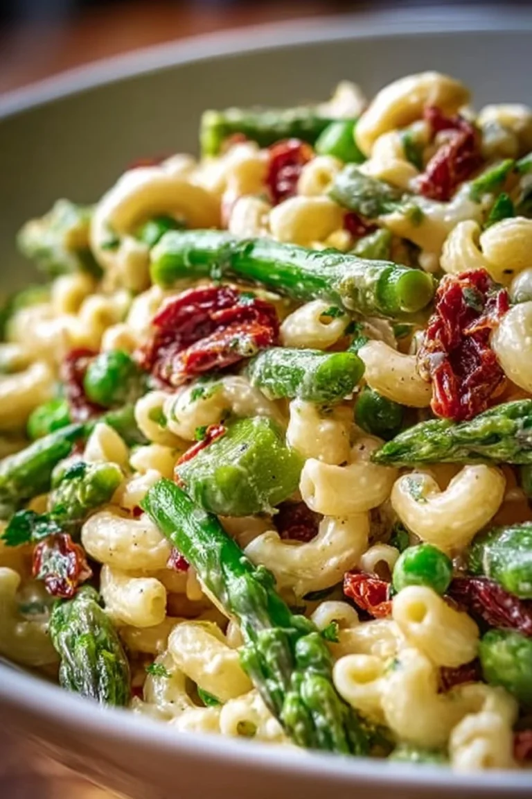 Lemon-Dijon asparagus and pea macaroni salad served in a bowl for spring.