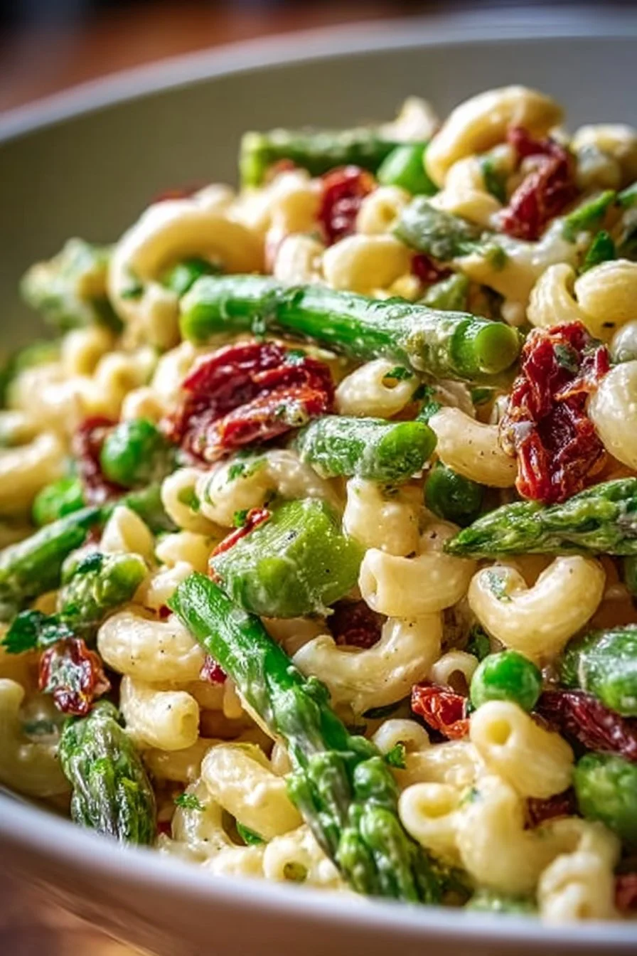Lemon-Dijon asparagus and pea macaroni salad served in a bowl for spring.
