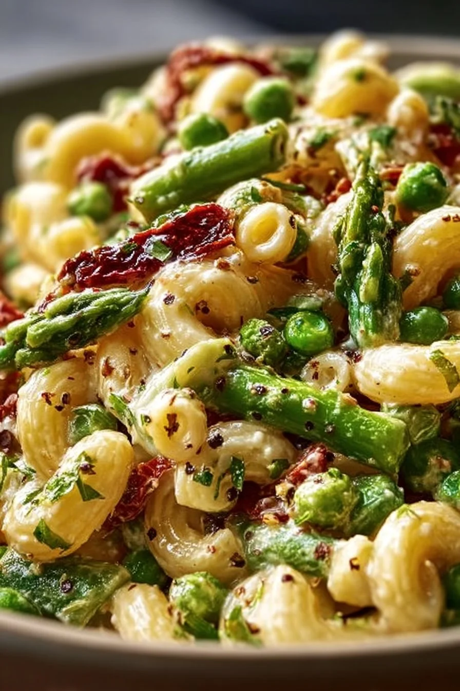 Lemon-Dijon Asparagus and Pea Macaroni Salad in a bowl for springtime meals