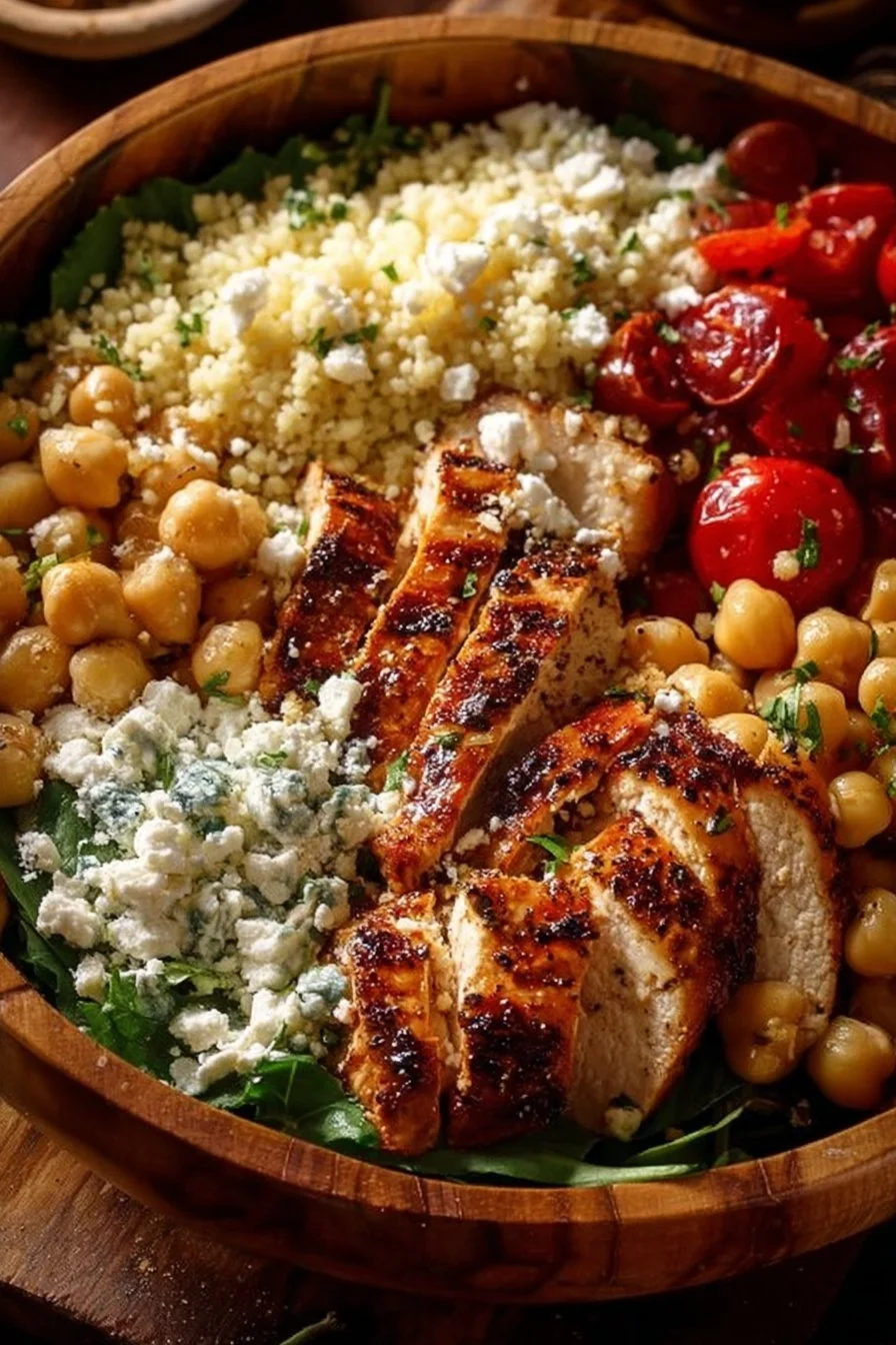 Lemon-Herb Chicken Bowl with Chickpeas and Feta garnish on a wooden table
