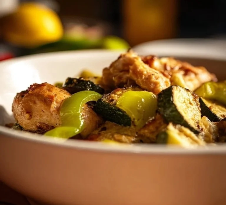 Low carb chicken zucchini bake with cheese and herbs in a baking dish