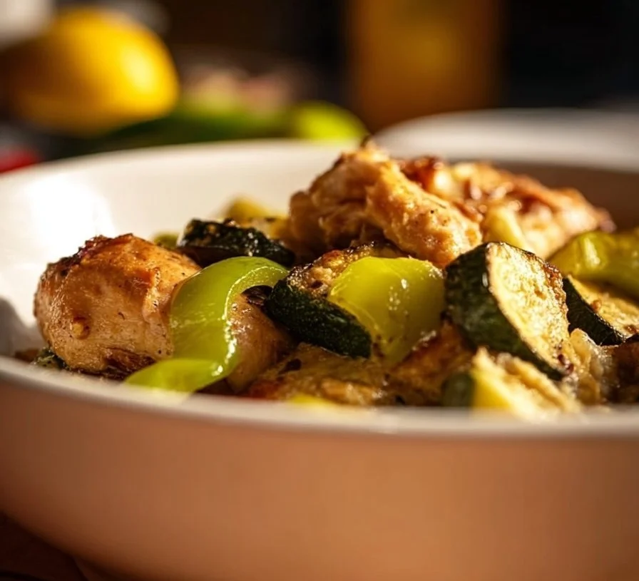 Low carb chicken zucchini bake with cheese and herbs in a baking dish