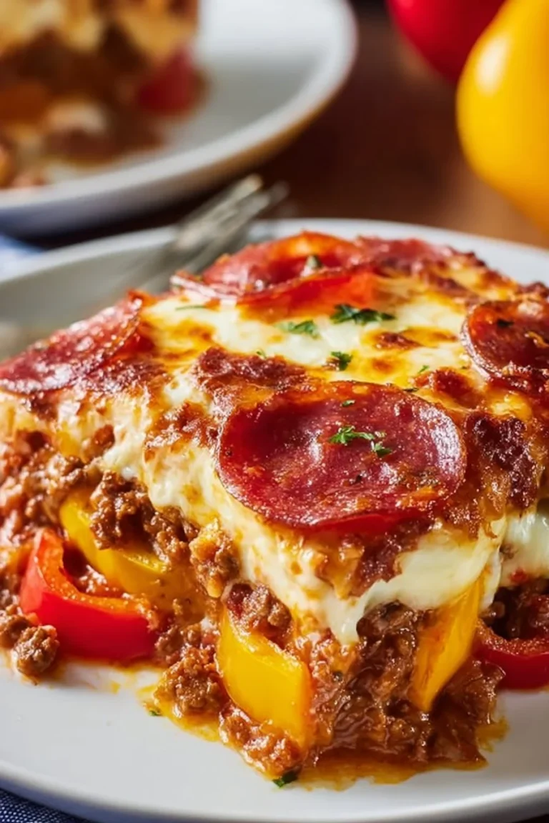 Delicious low carb pizza casserole slice topped with cheese and pepperoni.