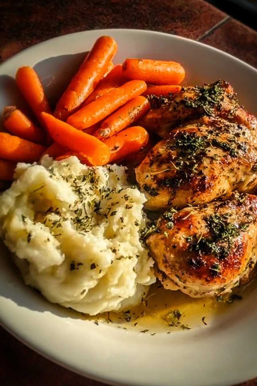 Garlic Herb Chicken with mashed potatoes and glazed carrots on a plate