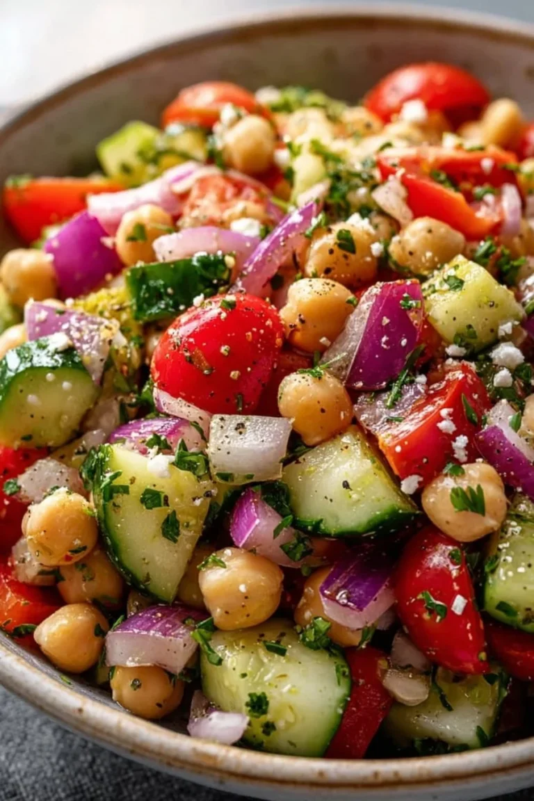 A vibrant Mediterranean Chickpea Salad with fresh vegetables and herbs.