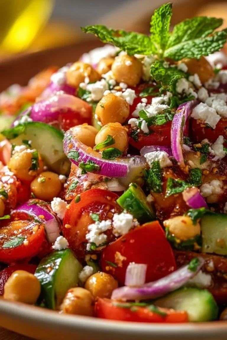 A vibrant Mediterranean Chickpea Salad with colorful vegetables and herbs.