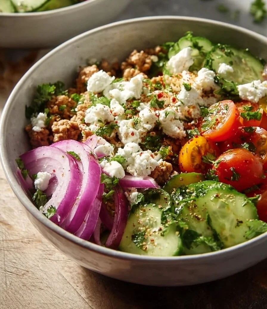 Mediterranean Ground Turkey Bowls with fresh vegetables and herbs
