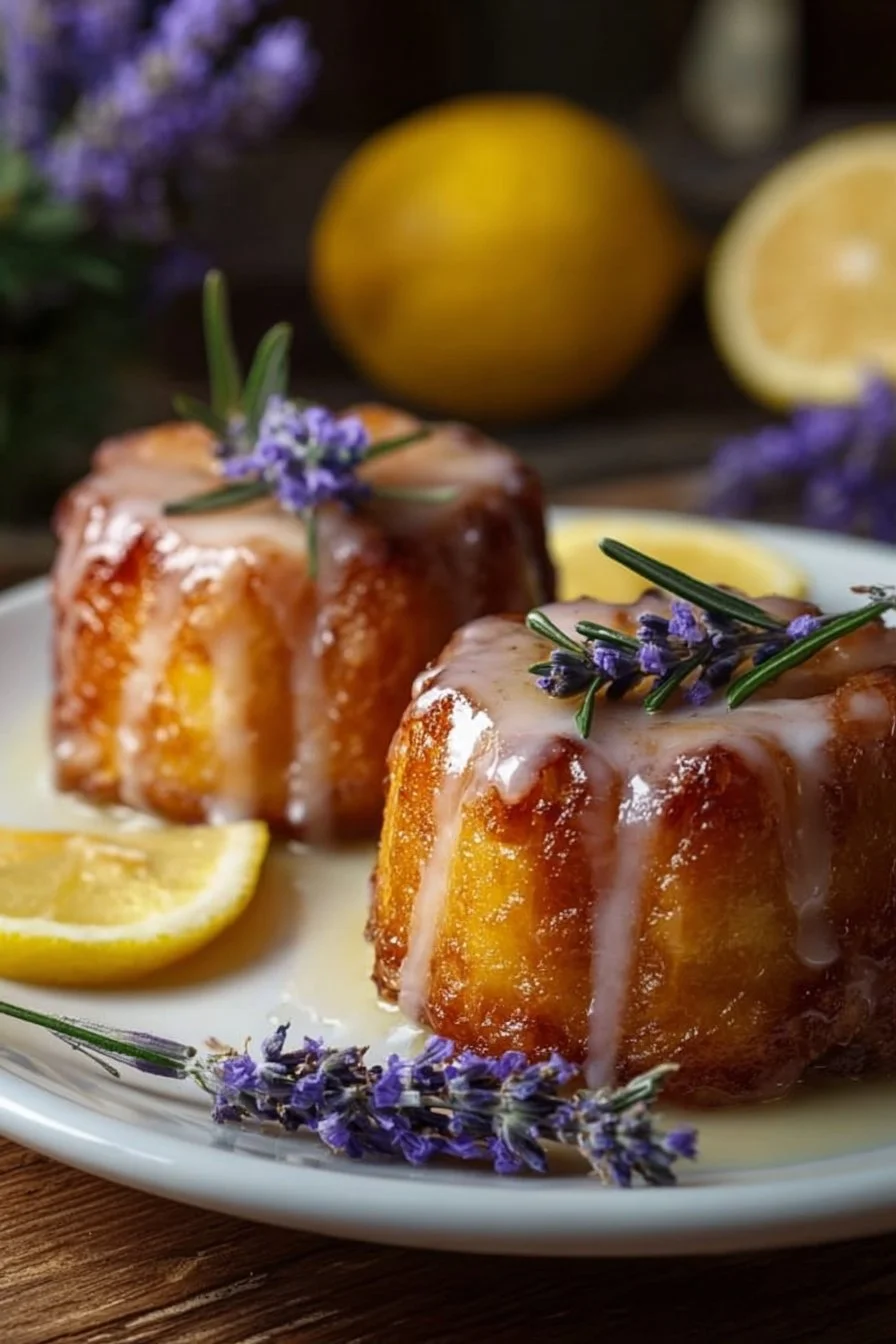 Mini lemon cakes topped with a lavender glaze on a decorative plate.