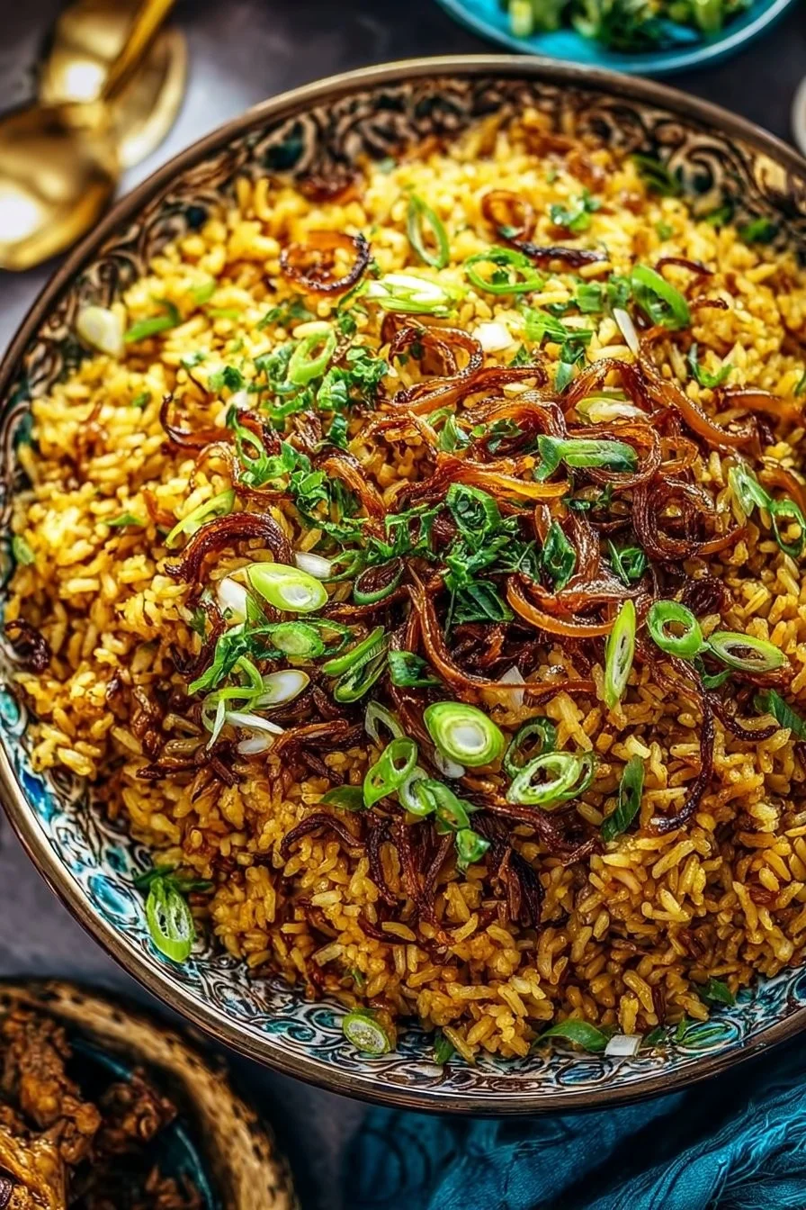 Delicious Mujaddara with lentils and caramelized onions served in a bowl
