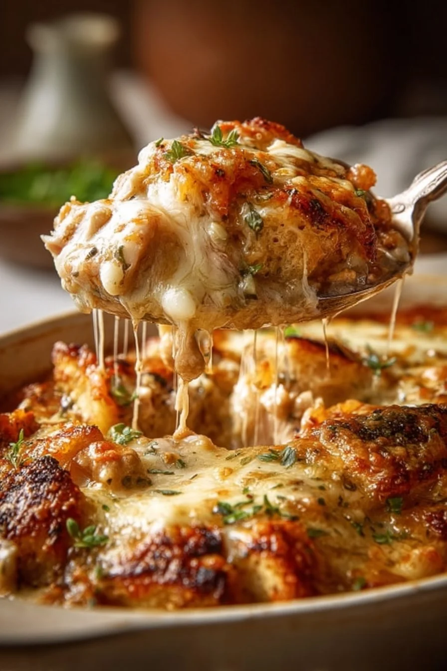 No Peek Chicken Casserole dish with green herbs and rice