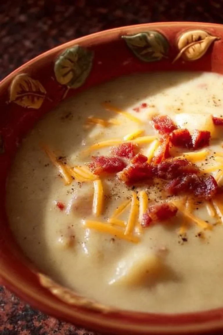 Bowl of old-fashioned potato soup garnished with herbs and served with bread.
