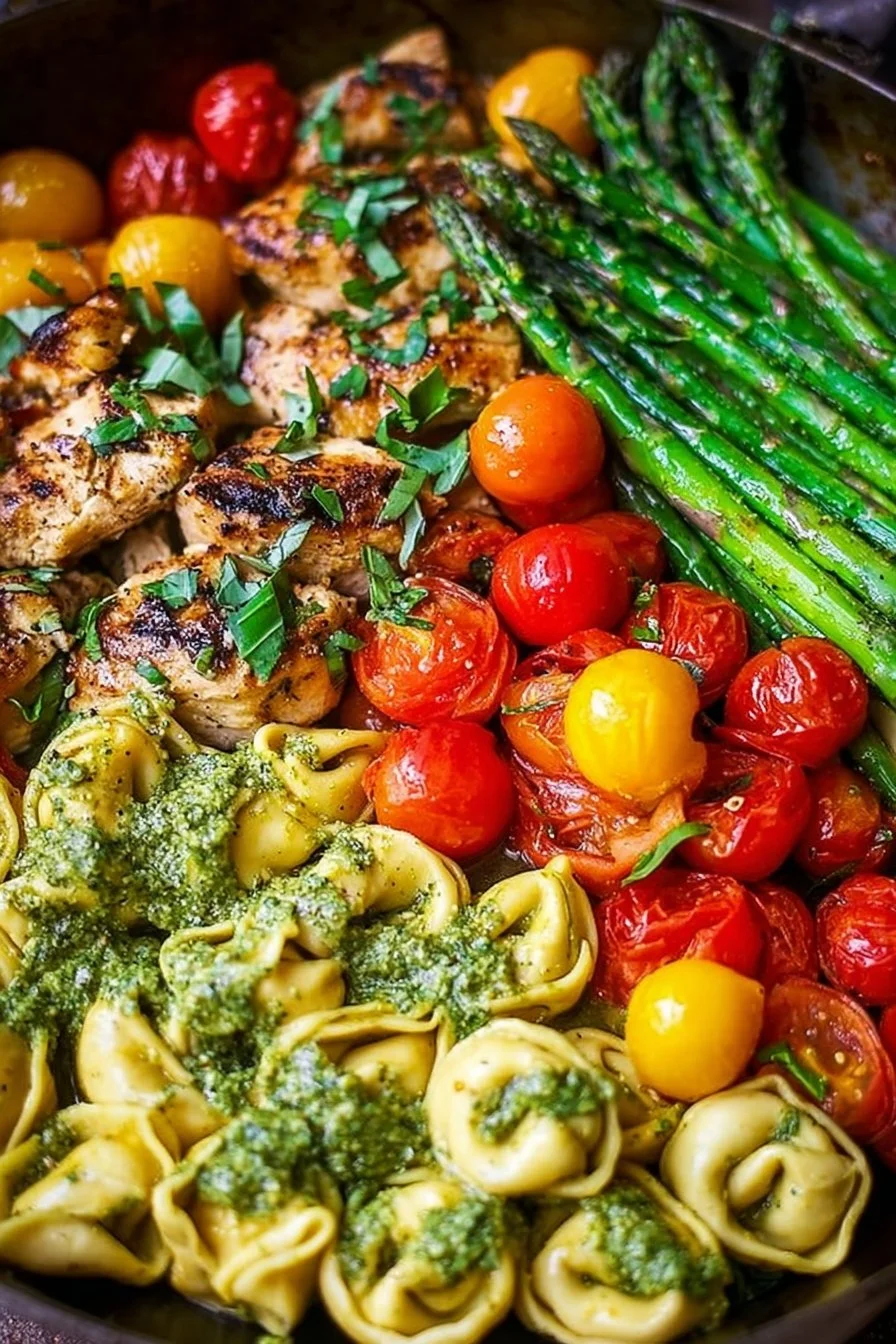 One-Pan Pesto Chicken with Tortellini and Fresh Veggies