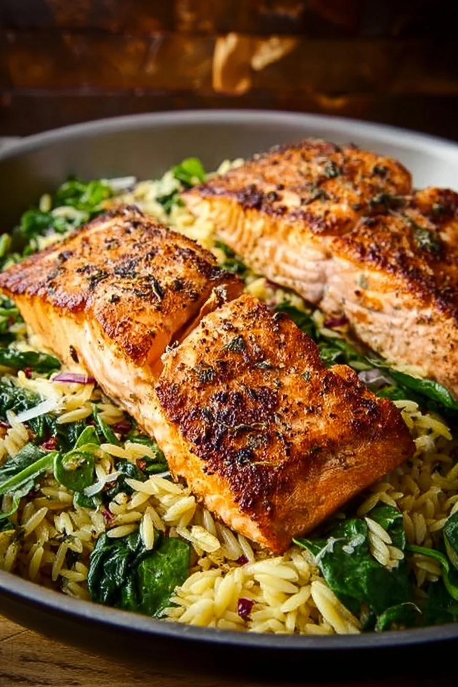 One skillet lemon orzo with perfectly cooked salmon on a plate