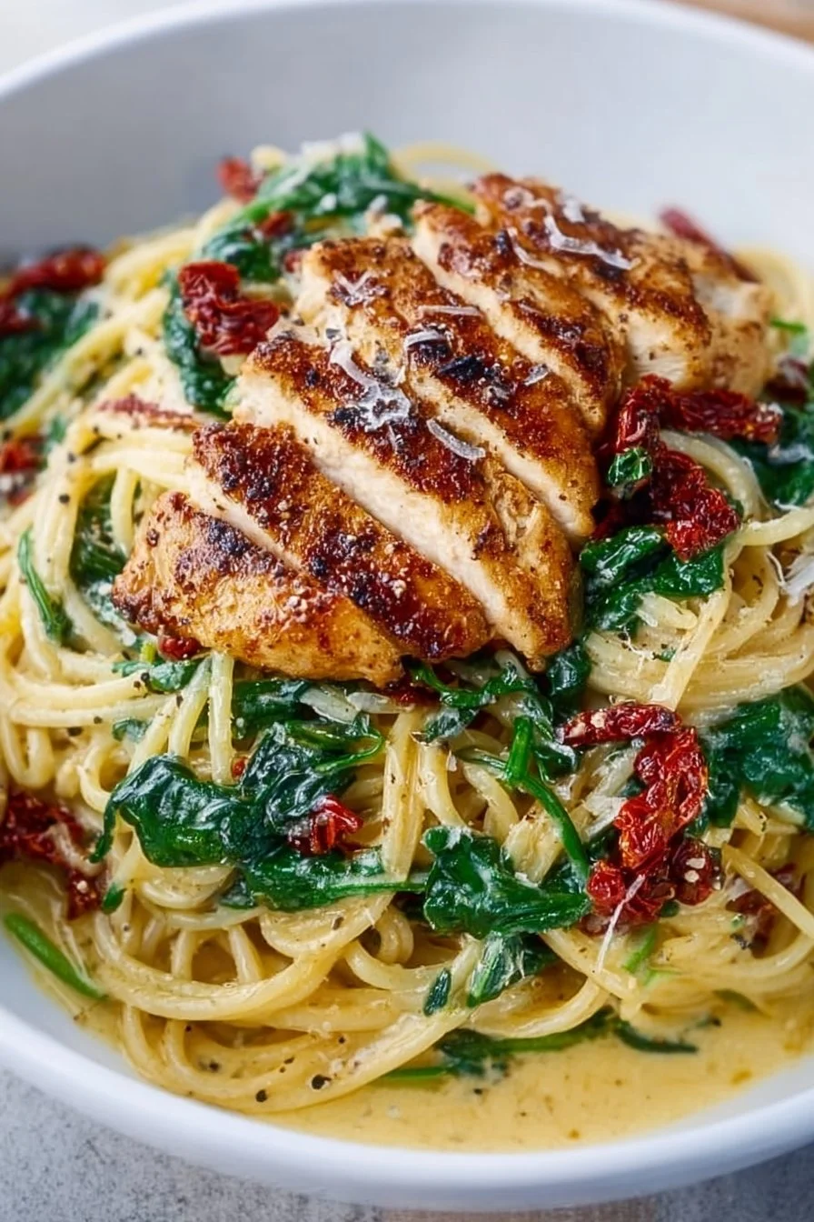 Delicious pesto pasta with chicken served on a rustic plate