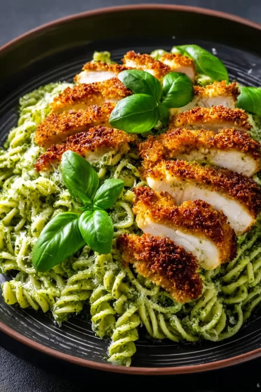 Plate of pesto pasta topped with crispy parmesan chicken and fresh basil