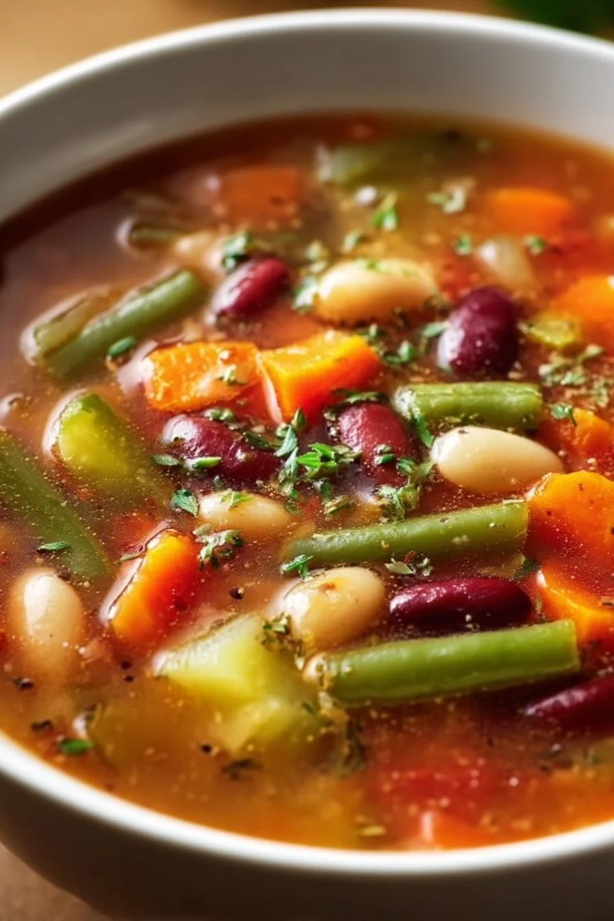 A bowl of delicious veggie soup with colorful vegetables