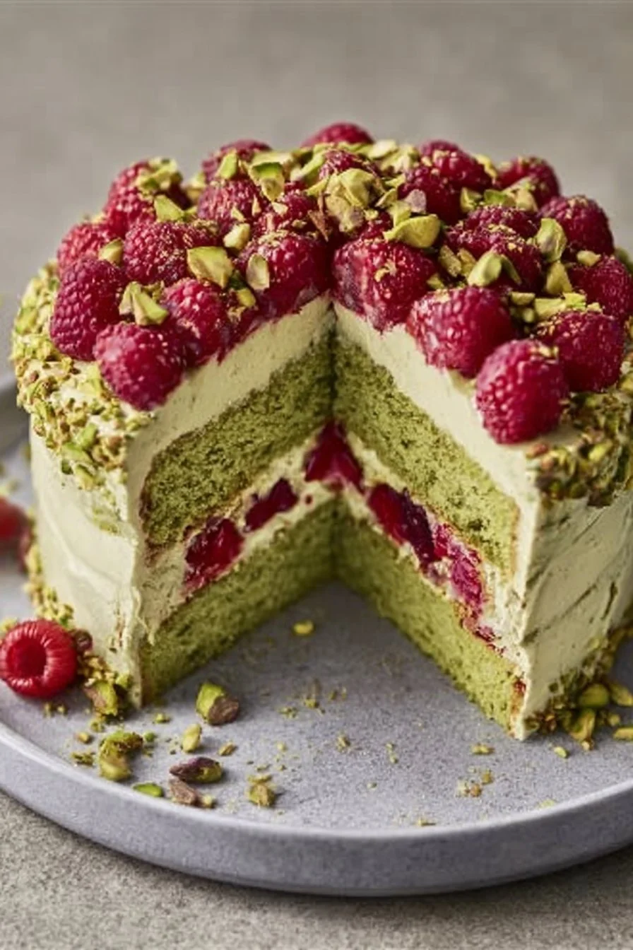 Delicious Pistachio Raspberry Cake showcasing vibrant colors and flavors