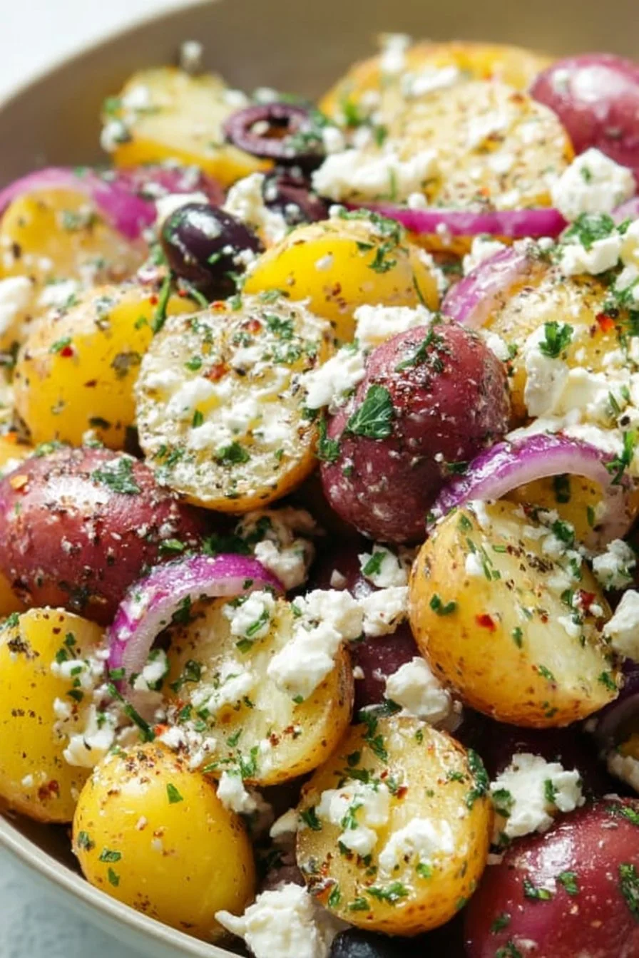 A vibrant Potato Feta Salad with herbs and fresh veggies served in a bowl.
