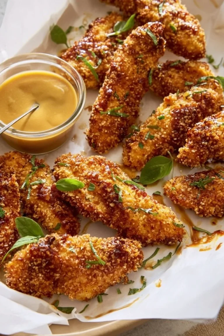 Pretzel-crusted chicken fingers served with dipping sauce