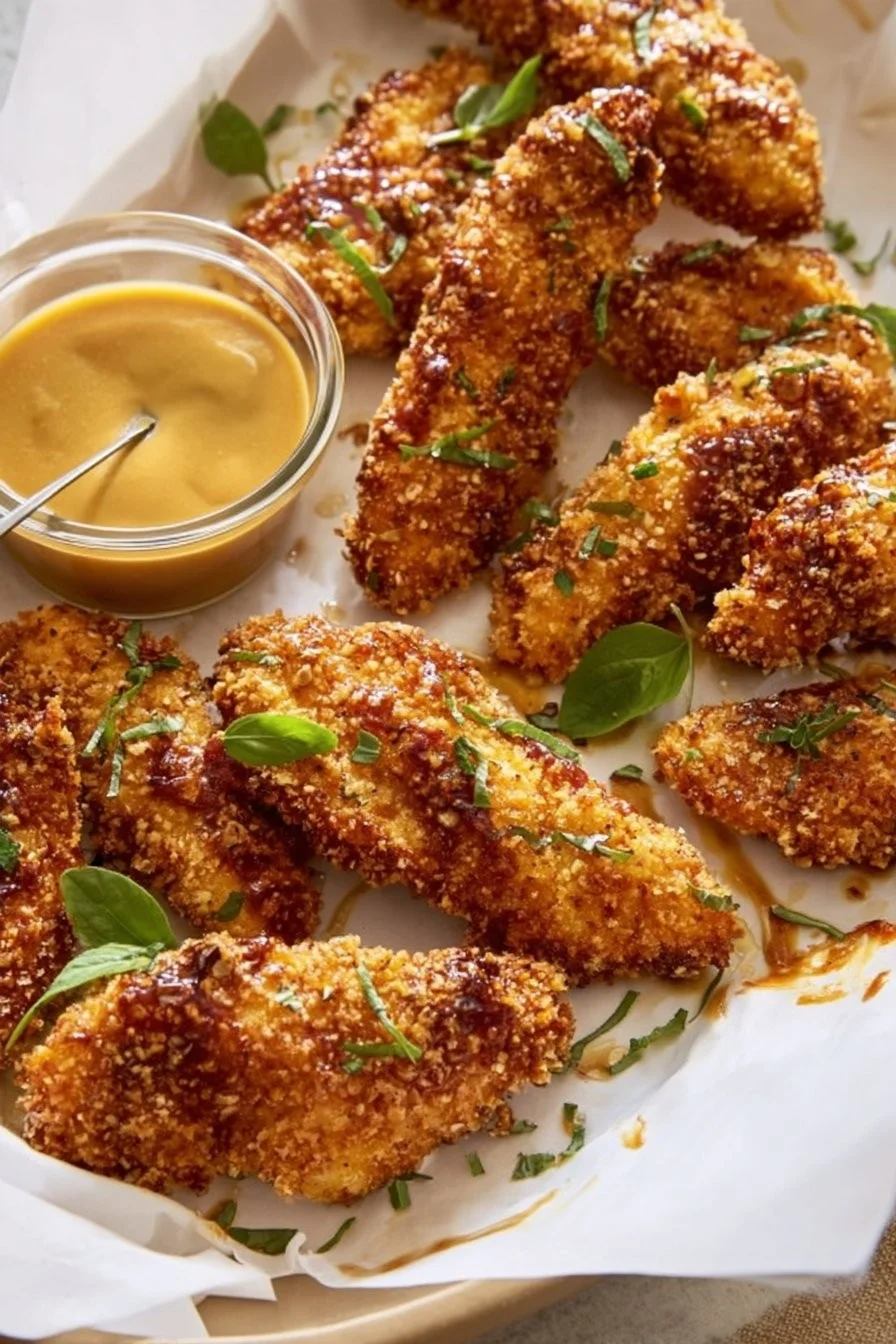 Pretzel-crusted chicken fingers served with dipping sauce