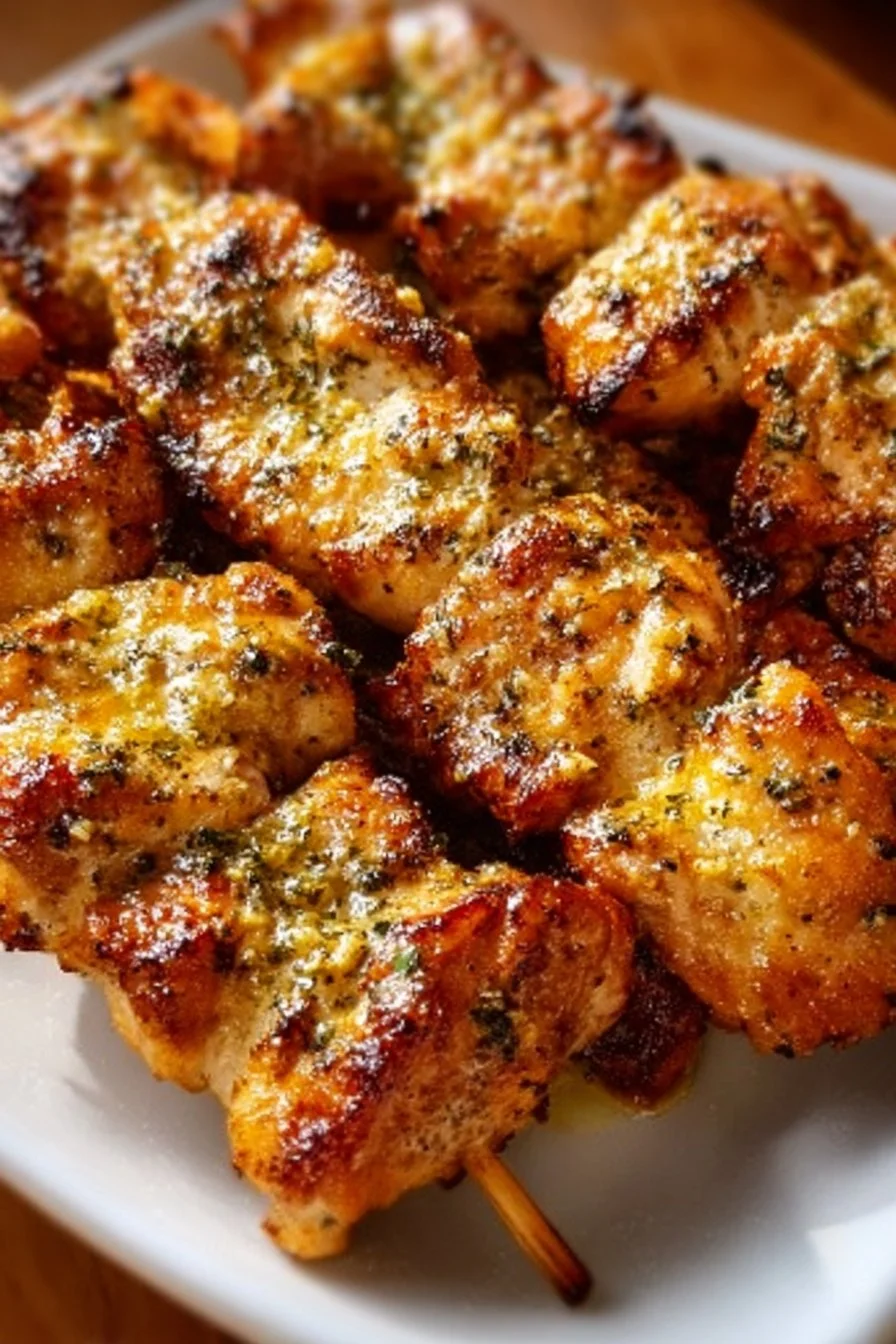 Ranch garlic parmesan chicken skewers on a grill, showcasing a delicious meal.