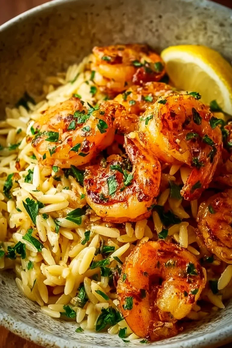 Shrimp Orzo with Lemon Garlic Sauce garnished with fresh herbs