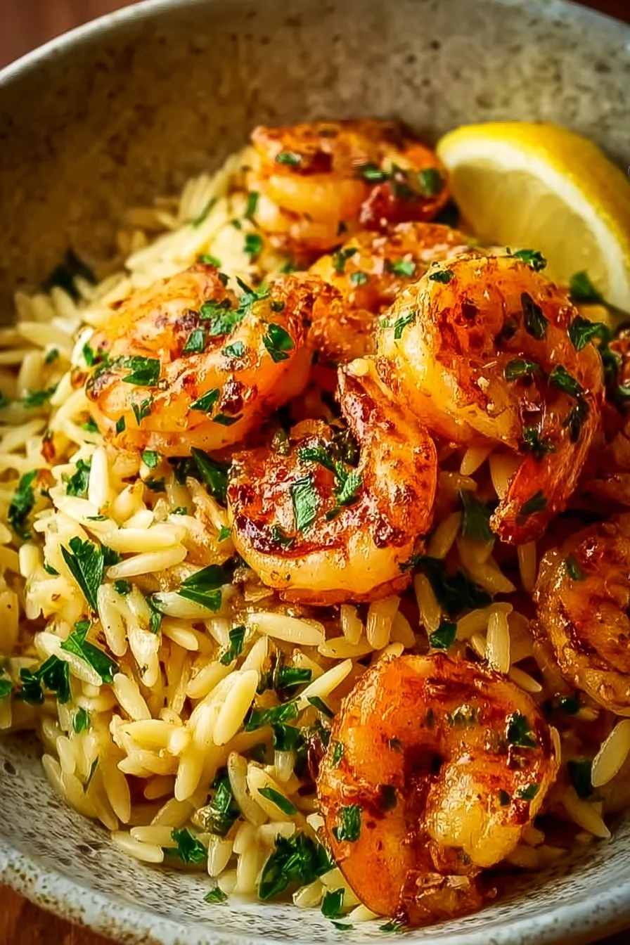 Shrimp Orzo with Lemon Garlic Sauce garnished with fresh herbs