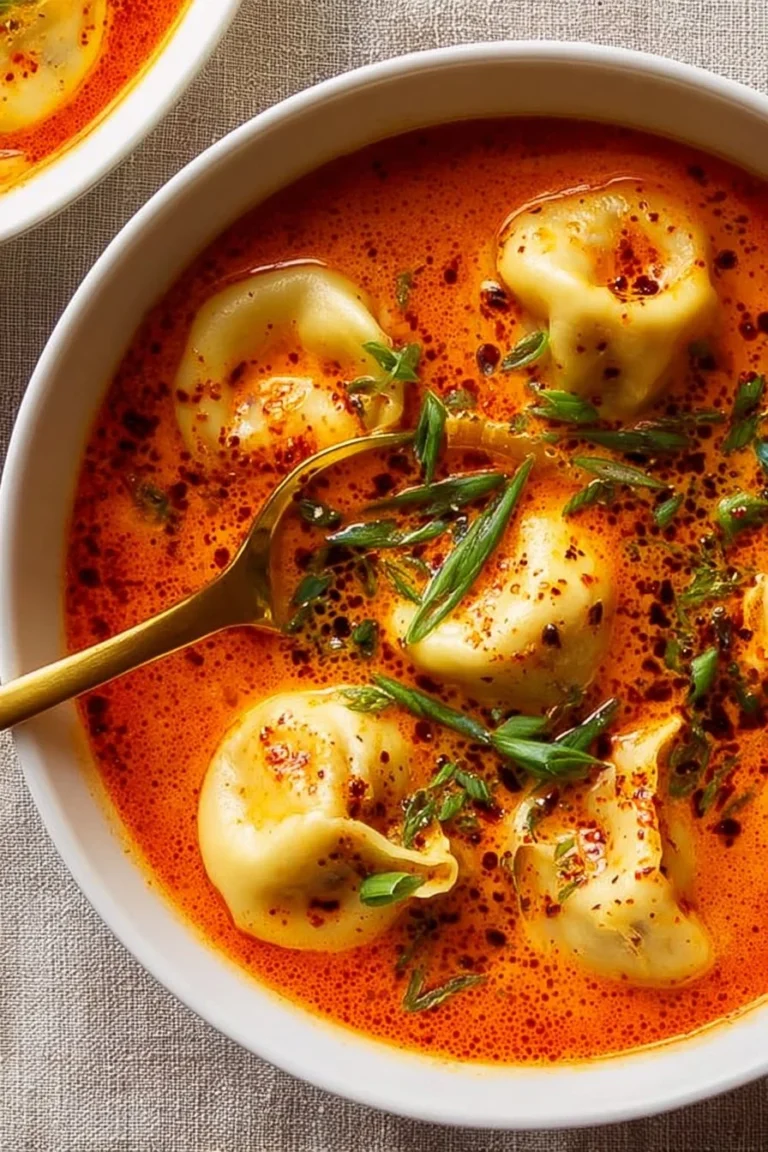 Bowl of simple coconut curry soup with dumplings, garnished with herbs.