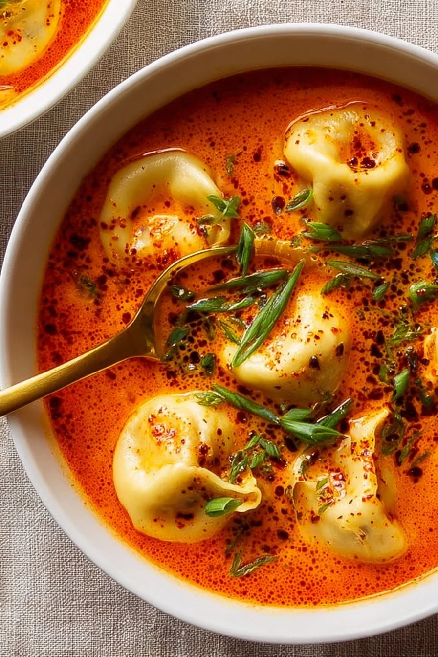 Bowl of simple coconut curry soup with dumplings, garnished with herbs.