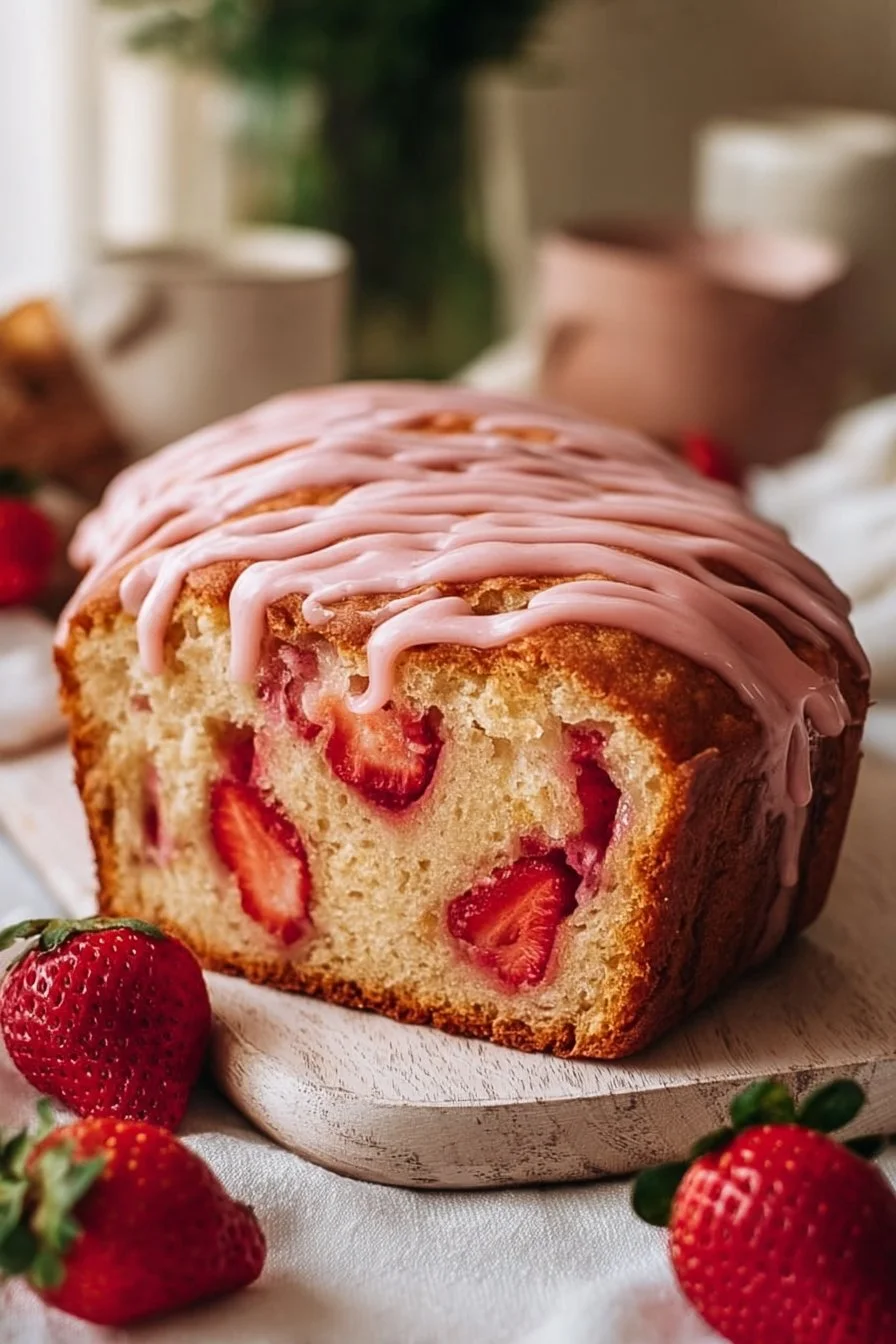 Sourdough discard strawberry bread with pink strawberry glaze on a wooden table.