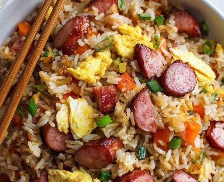 Delicious spam fried rice served in a bowl with vegetables and eggs