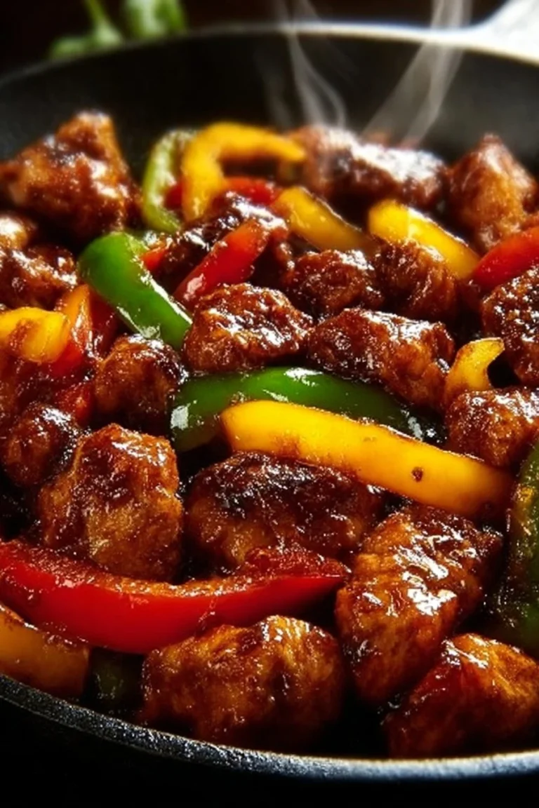 Spicy bell pepper chicken served on a plate with vibrant vegetables